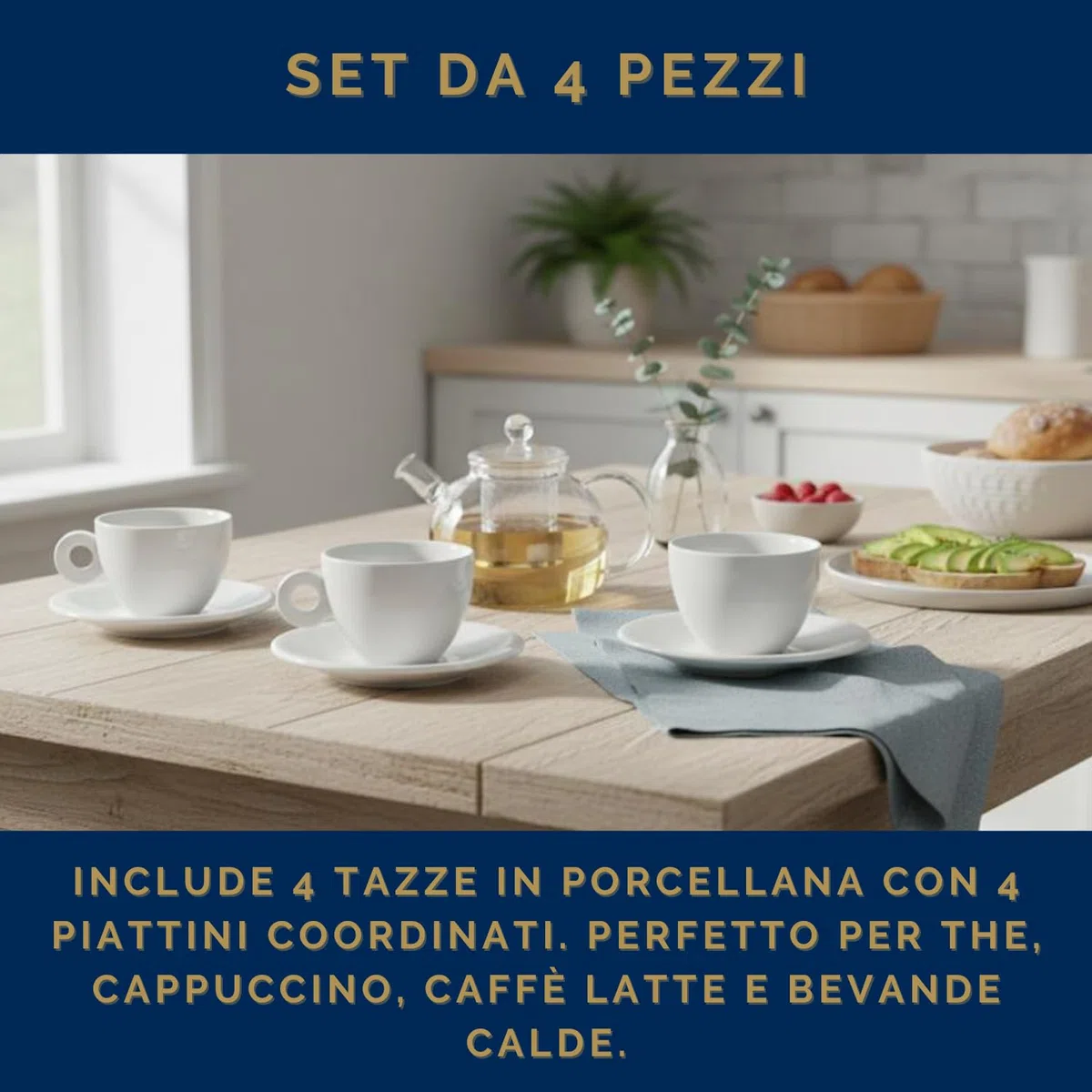 Set 4 Tazze da The Porcellana Bianca Piattino 180 ml Resistenti Eleganti Lavastoviglie Microonde Cappuccino Caffè Latte Idea Regalo (Non Impilabili)