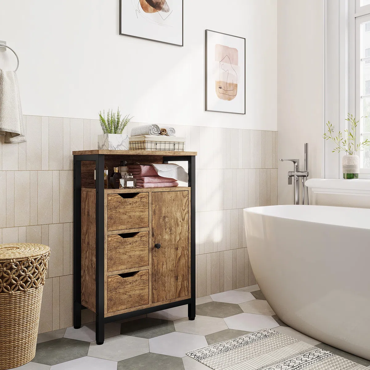 Yaheetech Mobile da Bagno Armadietto da Terra con Cassetto e Ripiano Regolabile Credenza Multiuso con Doppia Ante Organizzatore Portaoggetti, da Cucina Soggiorno Marrone Rustico