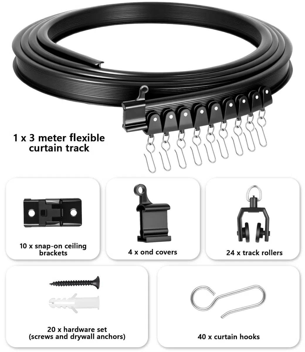 Flessibile Binario Tenda Soffitto 3 Metri, Binario per Tende a Soffitto Curva con Rulli Silenziosi per Divisore per Stanze, Camere da Letto, Finestre, Montaggio a Soffitto, Nero