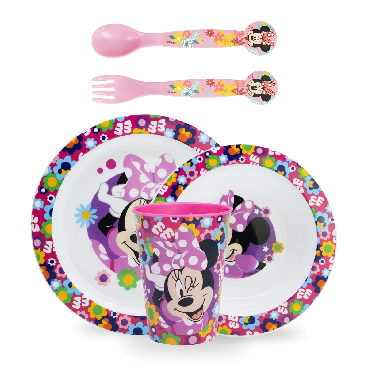 Stoviglie riutilizzabili per Bambini Minnie Mouse, Piatti Bambini per Asilo Scoula Piatto, Ciotola, Posate, Bicchiere, Set piatti in Plastica Adatta per Microonde