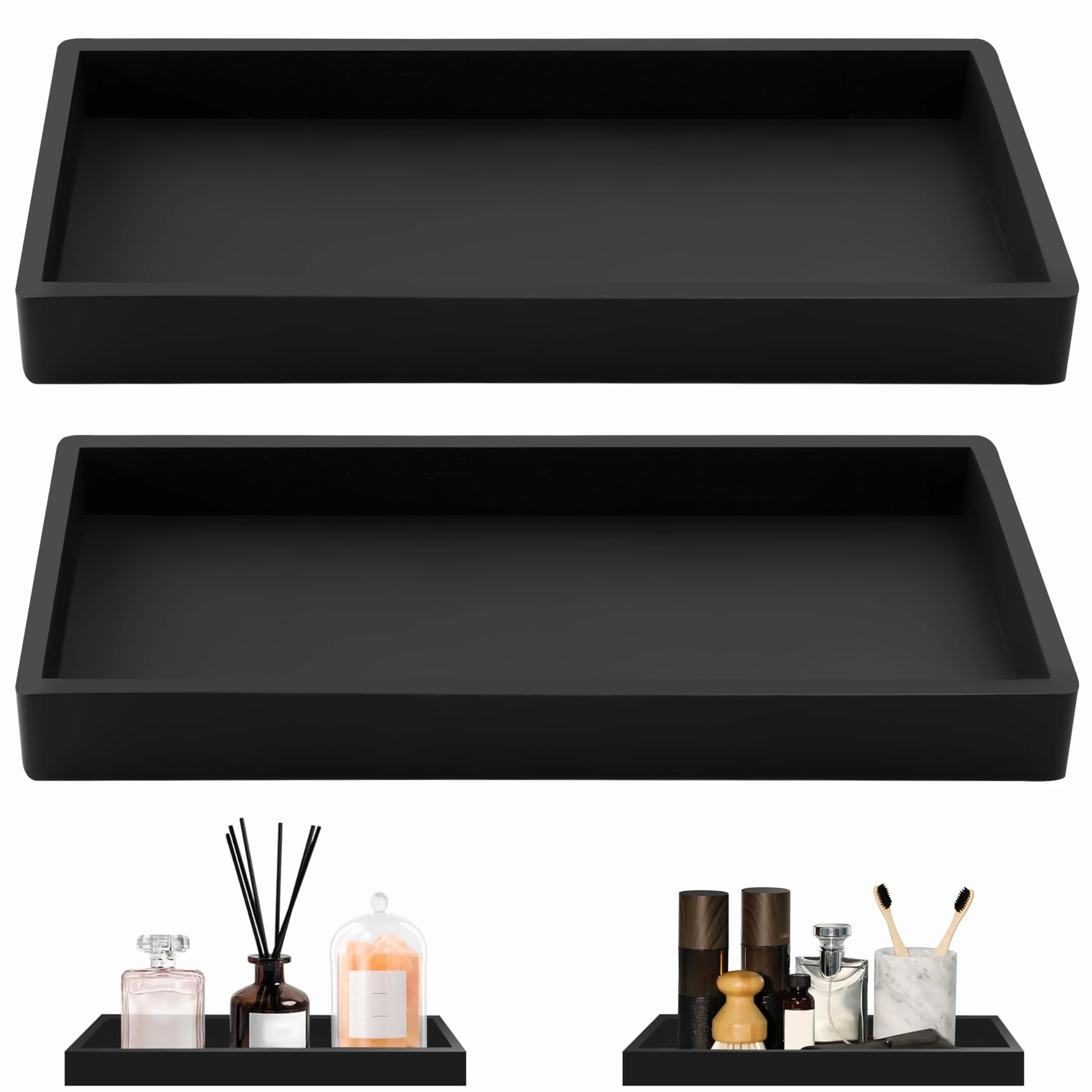 Vassoio da Bagno Rettangolare Vassoio da Portata in Silicone Vassoio Portaoggetti per Vanità, Vasca da Bagno, Cucina 2 Pezzi Nero