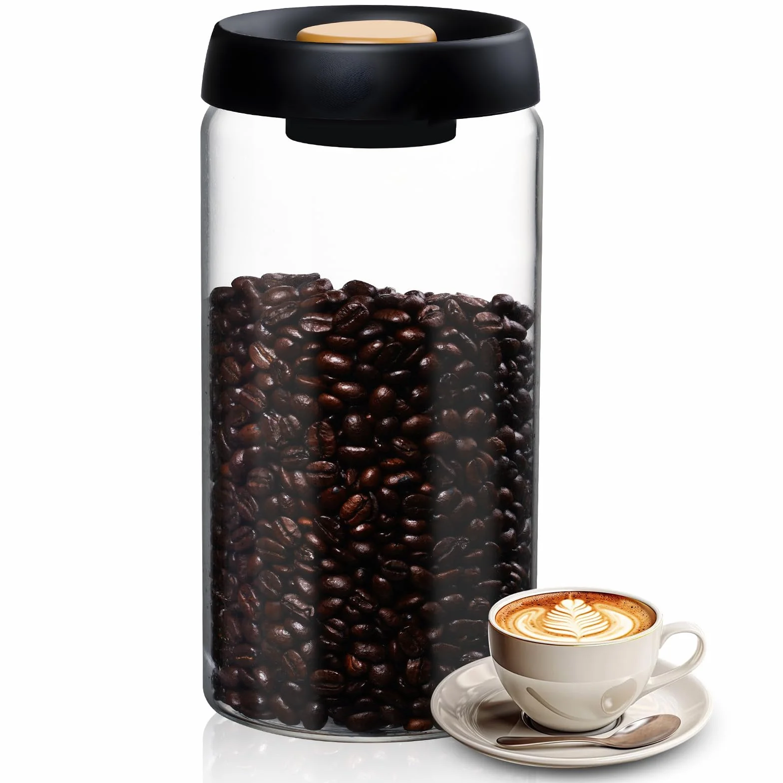 Barattolo per caffè, 1800ml in Vetro con Valvola di Degasazione per Conservare il Caffè Fresco in Chicchi, Tè e Noci