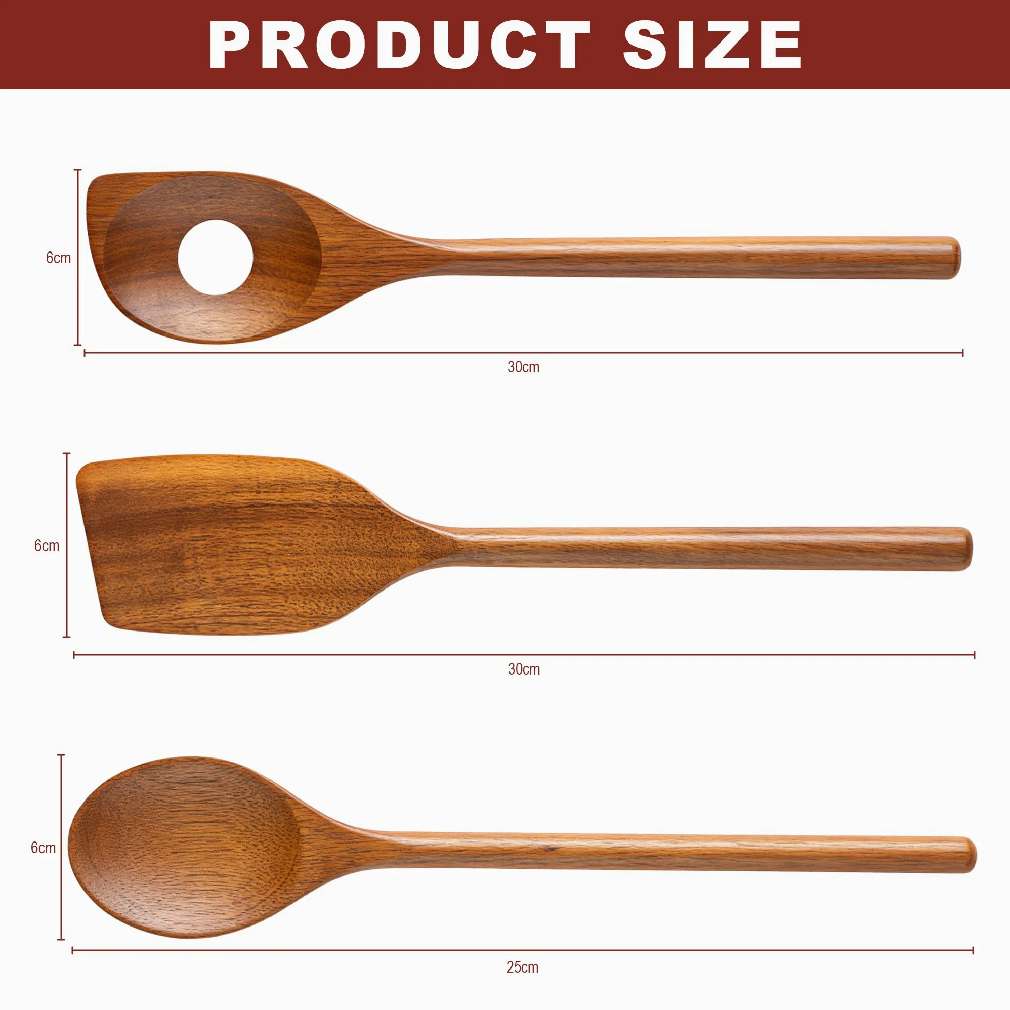 Kit di cucchiai da Cucina in Legno, 3 Pezzi di cucchiai di Legno per padelle antiaderenti e pentole di terralla, Utensili da Cucina in Legno di Acacia Resistenti e antibatterici