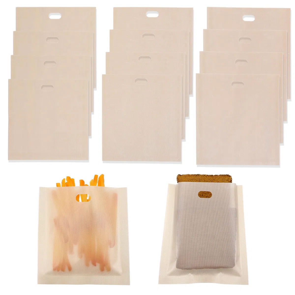 Nogeqi Confezione da 12 sacchetti riutilizzabili per tostapane, lavabili, antiaderenti, resistenti al calore, 3 misure, per tostapane di pollo, formaggio grigliato, tostapane, panini, snack