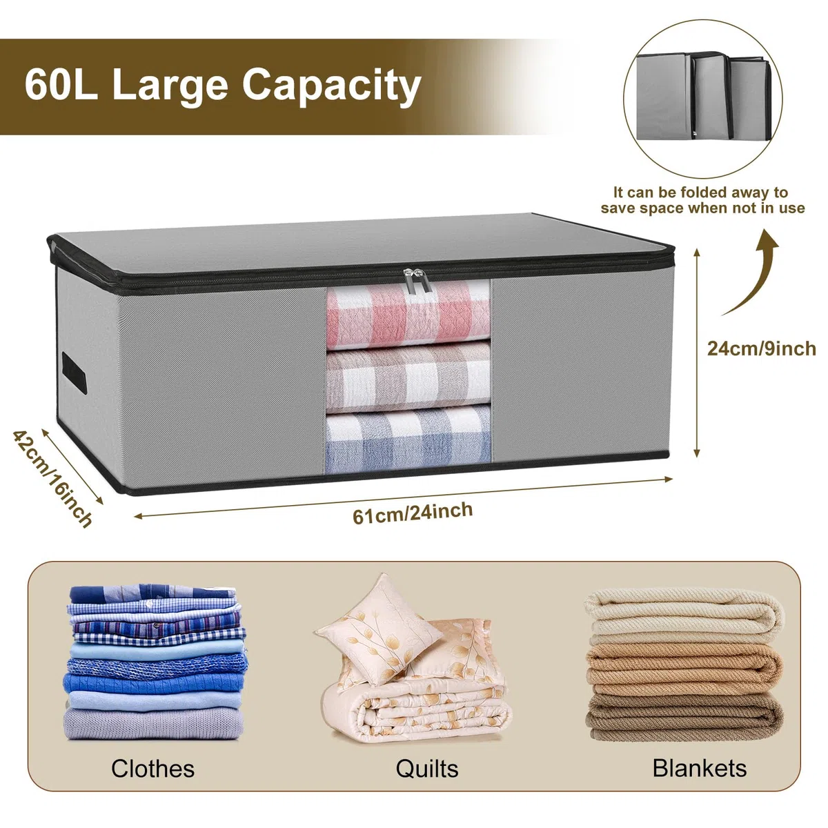 Cozary 3 Pezzi 60L Contenitori Sottoletto, Pieghevole Scatole per Vestiti, Scatole per Armadio con Finestra Trasparente, Contenitori per Armadio Salvaspazio per Vestiti, Biancheria da Letto, Grigio