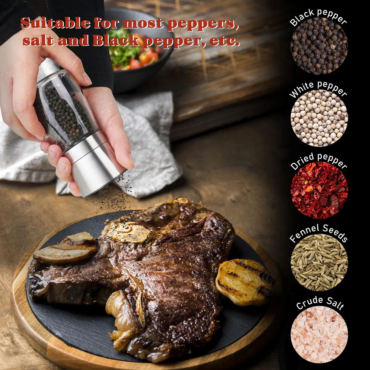 4 Pezzi Macina Sale Pepe,Manuale Saliera e Pepiera,Vetro e Acciaio Inox,Dimensioni Regolabili Dei Grani Macina con Nucleo di Macinazione in Ceramica[Senza Contenuto di Spezie]