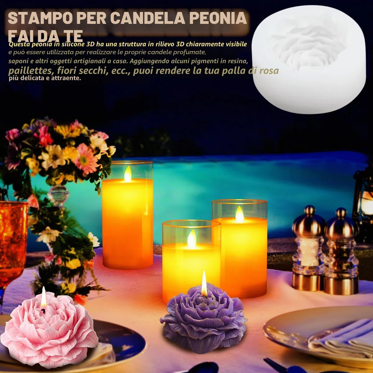 Stampi per Candele in Silicone 2 Pezzi - Peonia 3D Fai Da Te per Aromaterapia