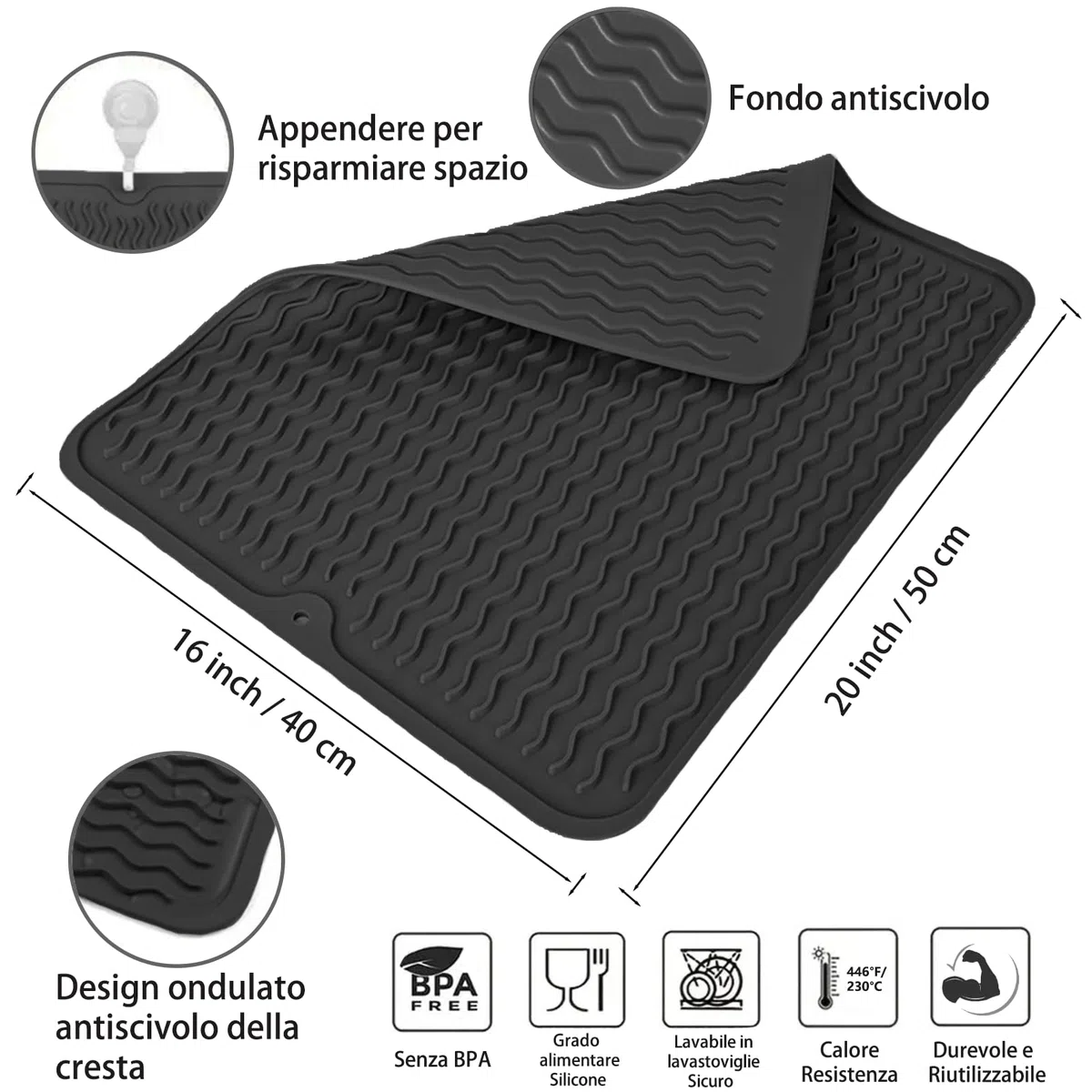 Tappetino Scolapiatti in Silicone 40x50cm Nero, Resistente al Calore, Pieghevole, Antiscivolo per Piano Cucina