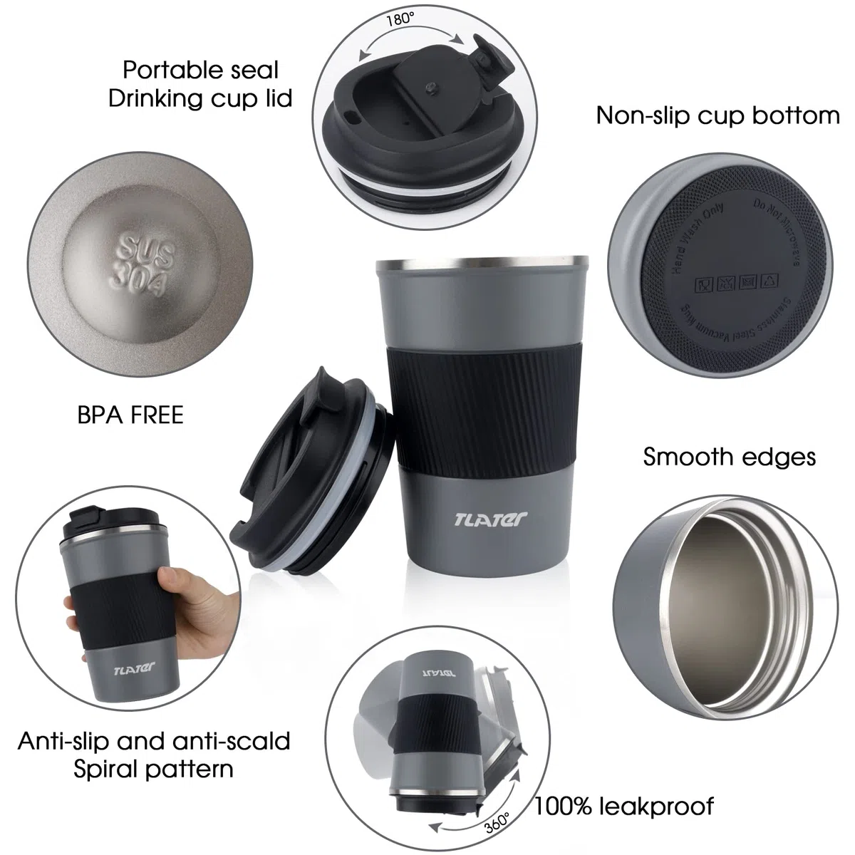 Tlater Tazza da viaggio isolata da 380 ml, con coperchi a tenuta stagna, tazza da viaggio per caffè, tazza da viaggio a doppia parete in acciaio inox, per bevande calde e fredde, caffè, acqua e tè