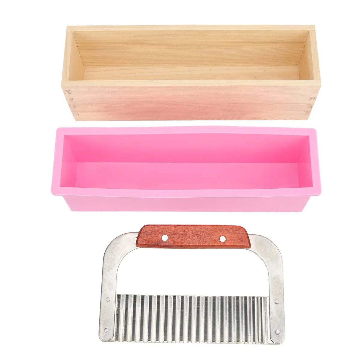 Set di tagliasapone in Legno, Stampo per Tagliasapone in Legno con Stampo in Silicone con Taglierina Ondulata in Acciaio Inossidabile per la Produzione di Sapone Fai da Te