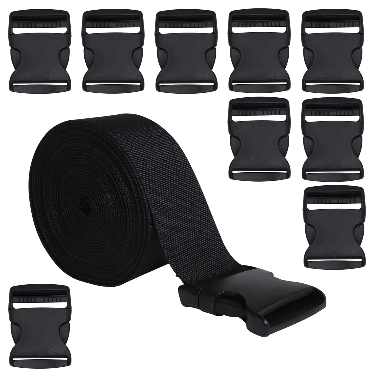 RETON 50MM 10 Yards Cinturino in Nylon Nero + 10 Pezzi Fibbie Regolabili Fibbie Laterali in plastica (50MM, 10 Pezzi)