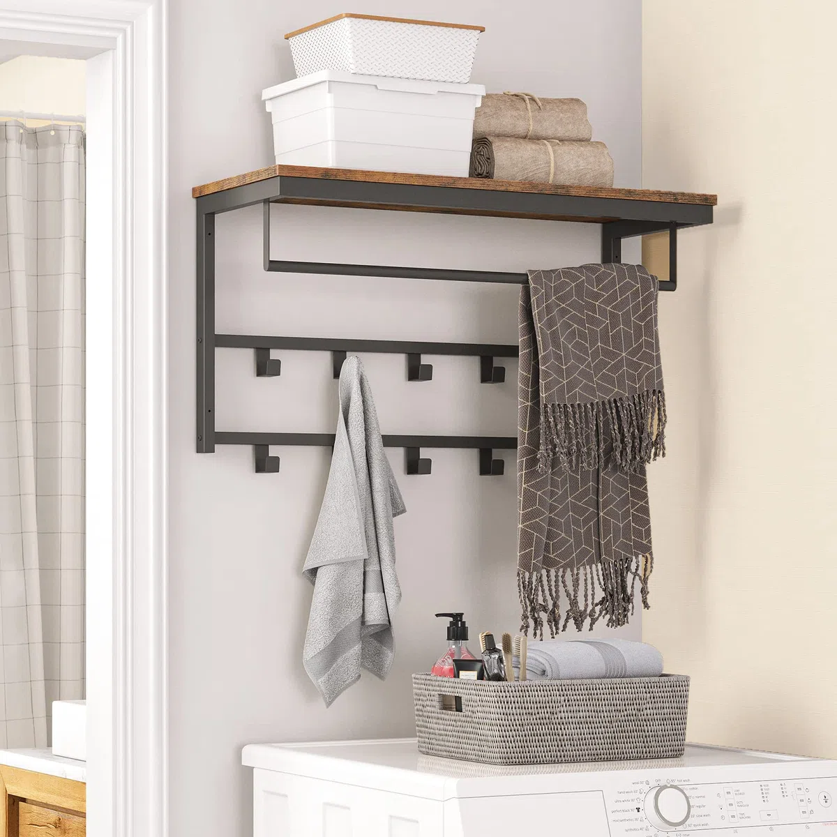 HOOBRO Appendiabiti da Parete, Attaccapanni da Muro con 10 Ganci, Mensola da Muro con Barra Appendiabiti, Mensola Portaoggetti, 80 x 30 x 42 cm, per Ingresso, Camera da Letto, Bagno EBF12YM01