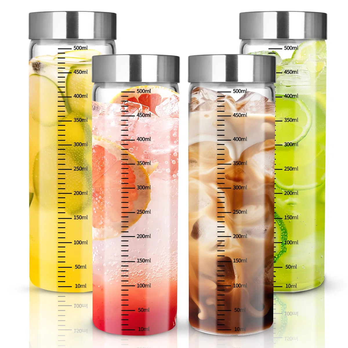 4 confezioni di bottiglie di vetro graduate da 500 ml, bicchieri per frullati con coperchio in acciaio inossidabile, bottiglie d'acqua in vetro riutilizzabili, adatte per frullati, succhi, latte, caff