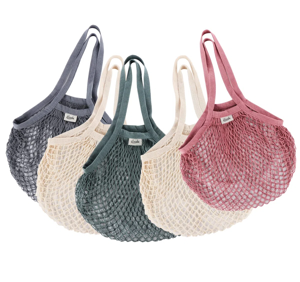 ilauke - Sacchetti in rete riutilizzabili per la spesa, in cotone, con manico lungo, per frutta e verdura (4 colori)