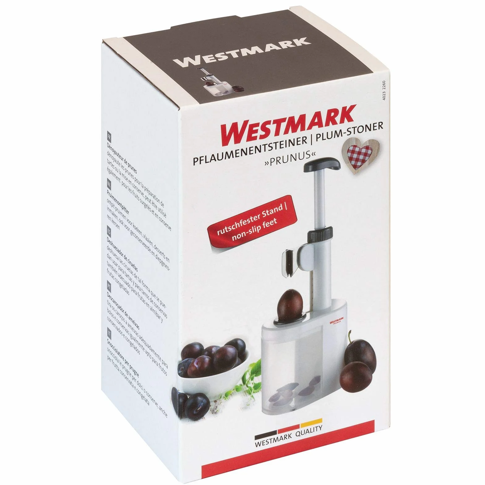 Westmark Denocciolatore per prugne, Per prugne pronte all'uso in cucina, Altezza: 26,5 cm, Plastica/Lame in acciaio inox, Prunus, Bianco/Antracite, 40232260