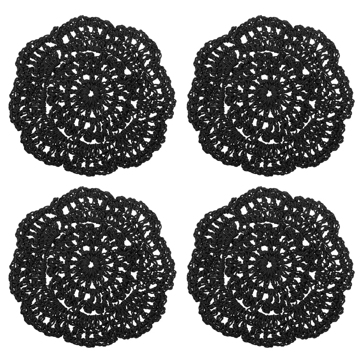 QUARKZMAN Centrini Uncinetto 4pz 4" - Cotone Intreccio Tessuto Sottobicchieri Pizzo Rotondo Sottobicchieri Fatti Manualmente con Floreale Motivo per Matrimonio Festa Decorazione (Nero)