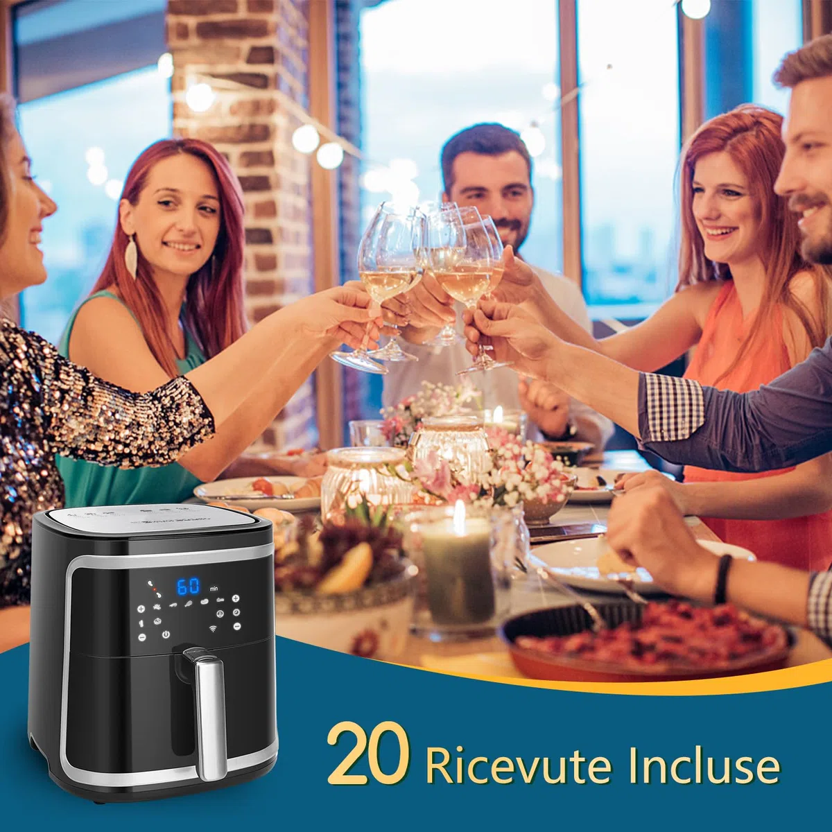 Aigostar Smart Cube - Friggitrice ad aria intelligente, 1900W, 7L. Modalità manuale, schermo LED, 7 funzioni preimpostate con mantenimento calore in modalità manuale. Connessione Wi-Fi. Senza BPA