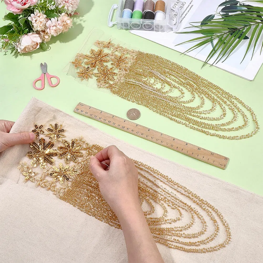 FINGERINSPIRE 1Paio Applique con Strass a Forma di Fiore 3D Fatte a Mano Perline di Cristallo Oro Paillettes Patch Ricamate Spalline con Paillettes per Abito da Sera Costume da Ballo Decorazione
