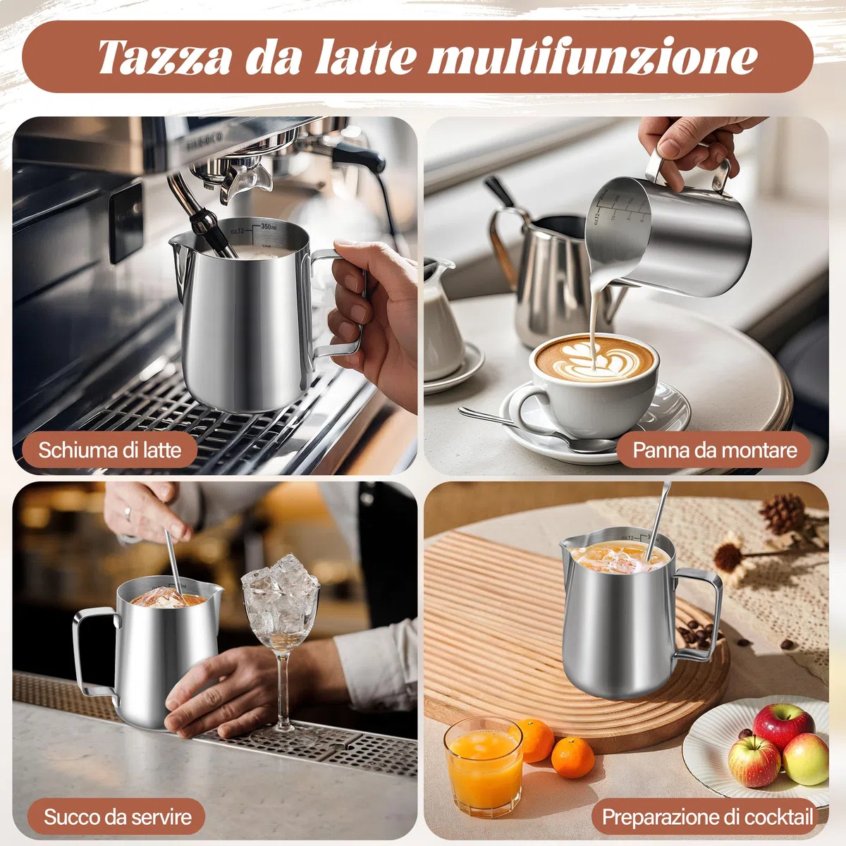 Bricco Latte 350ml in Acciaio Inox, Pentolino Latte con Segno di Misurazione Montalatte Brocca In Schiuma per la Preparazione di Cappuccino, Espresso, Latte Art