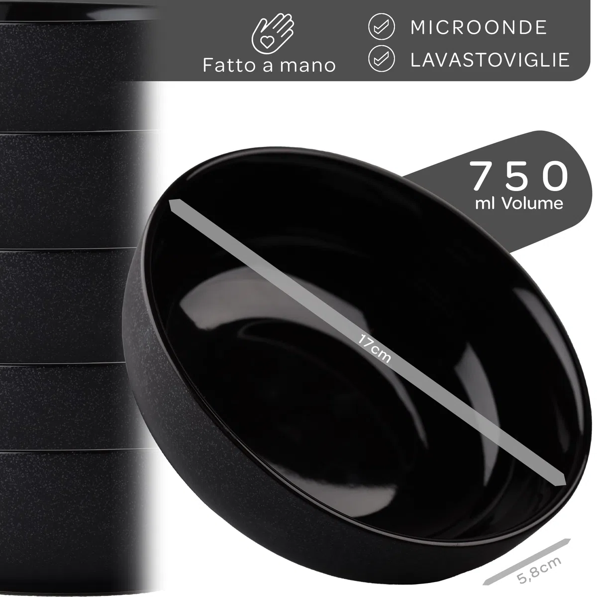 Steinzeit Ciotola Cucina Design (6x750ml, nero) - Insalatiera Ceramica per zuppa extra large - Ciotole colazione lavabile in lavastoviglie - Bowl - Ciotola per cereali - Insalatiera in ceramica