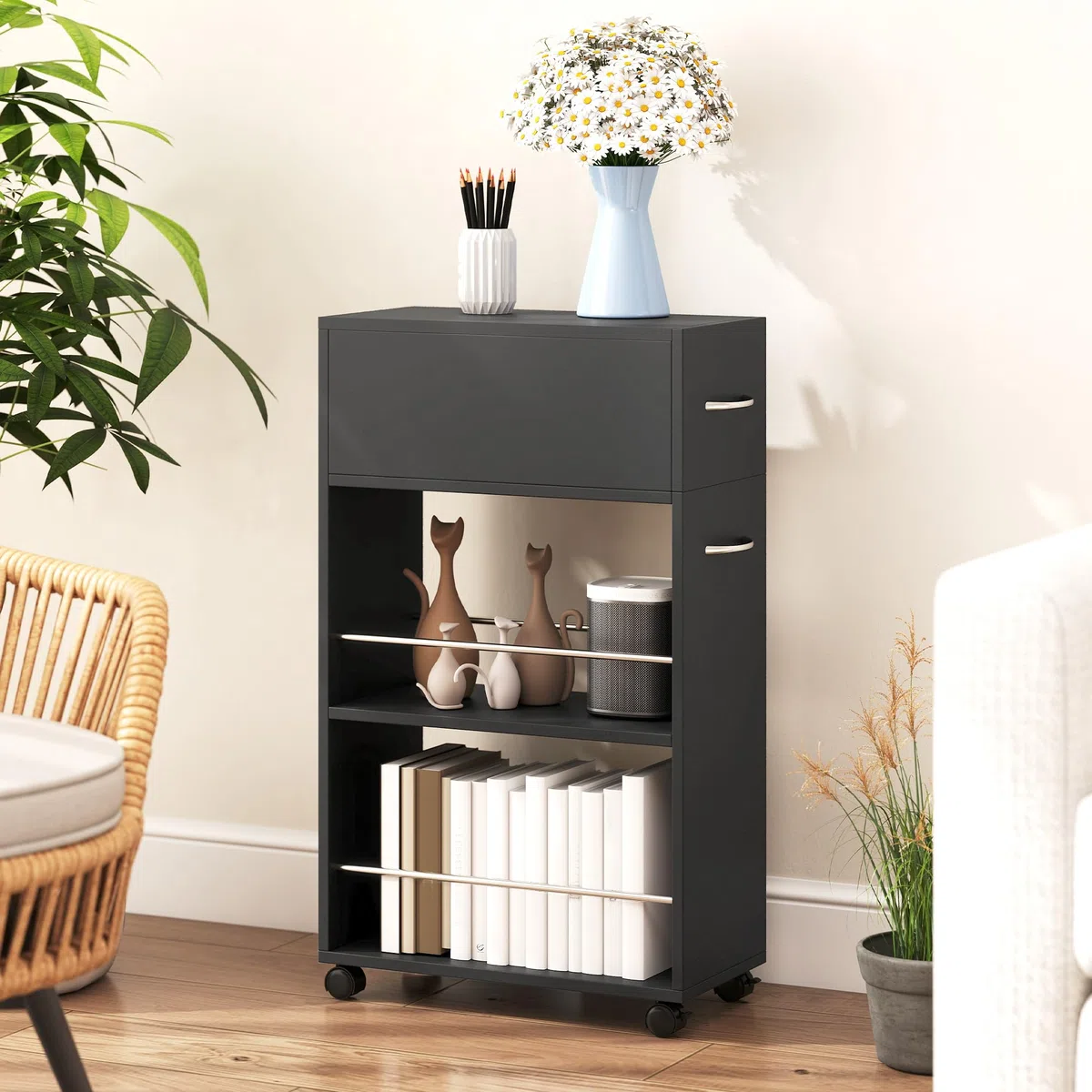 HOMCOM Carrello da Cucina con 2 Ripiani Aperti, Cassetto, Parapetti e Ruote a Freno, Carrello Cucina Salvaspazio Portaoggetti in Truciolato e Acciaio Inox, per Bagno, Soggiorno, 25x50x85 cm, Nero