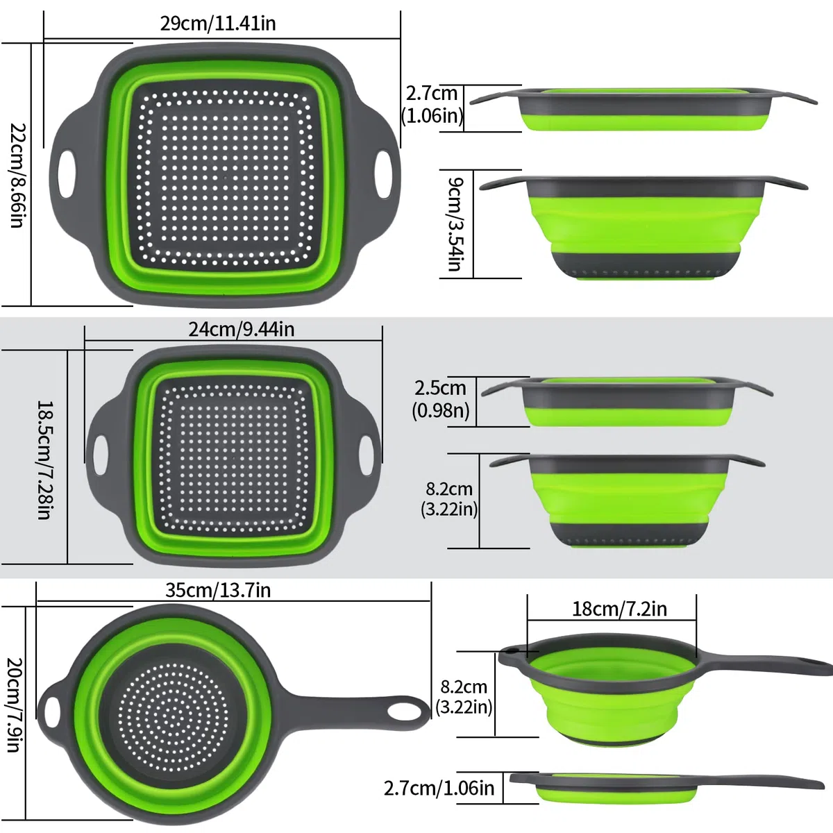 3 Pz Set Scolapasta Silicone Pieghevole, Filtro Cestino Cucina in Silicone con Manico, Filtro Colander Setacci Pieghevole per Drenante Frutta Verdura Pasta, Cucina, Domestica, Campeggio - Verde
