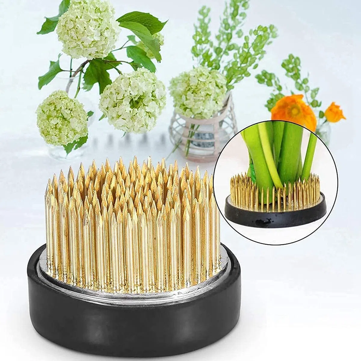 4 Pezzi Rana Rotonda, Acciaio Inossidabile Ikebana, Rana Fiore, Rana Fiore Rotonda, Composizione Floreale a Spillo in Rame con Base Ad, Anello in Gomma Acciaio Inossidabile, per Home, Office