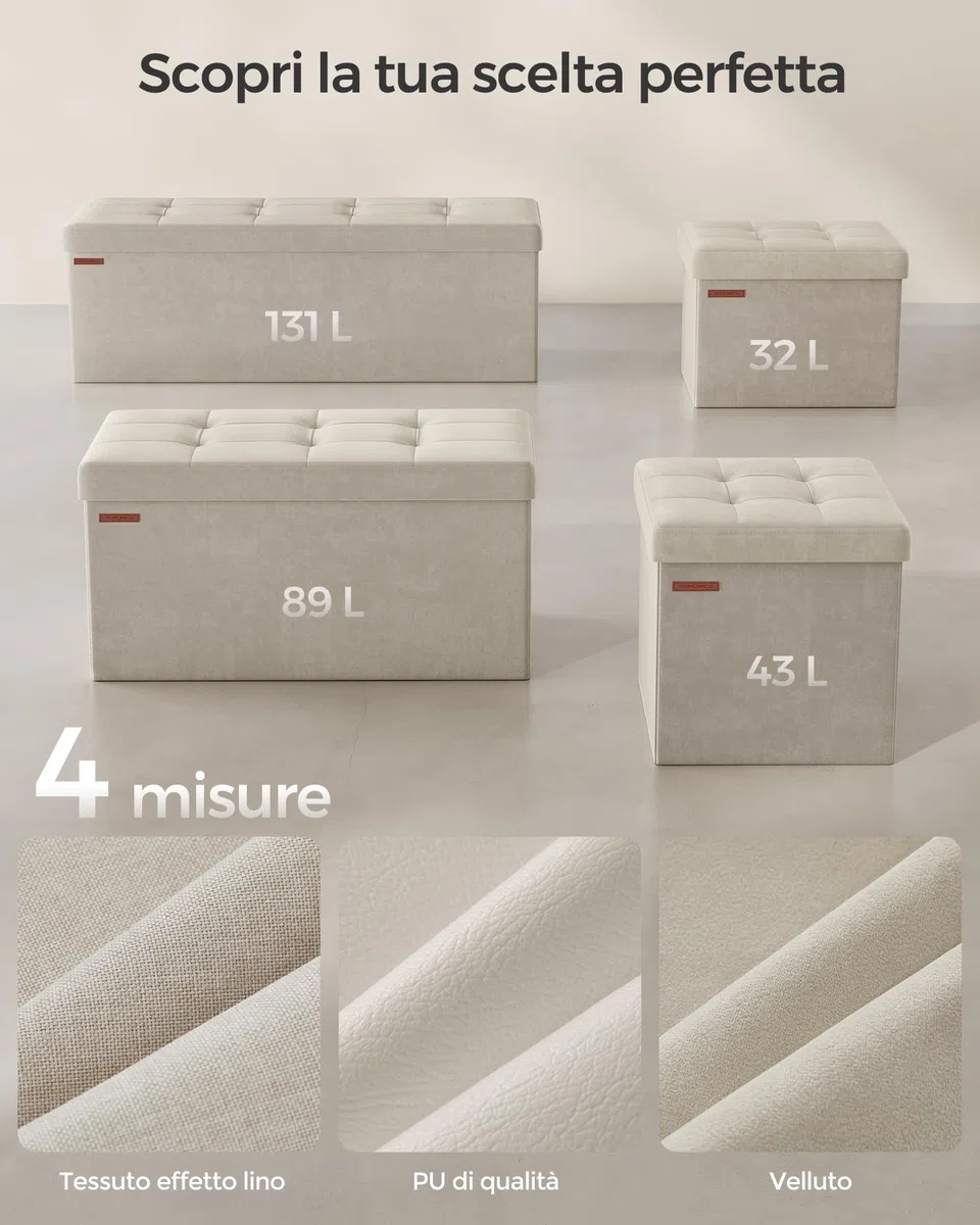 SONGMICS Pouf Pieghevole, Cassapanca in Velluto, Contenitore con Coperchio, Poggiapiedi, 38 x 38 cm, Portata 300 kg, per Corridoio, Soggiorno, Camera da Letto, Bianco Crema LSF227W01