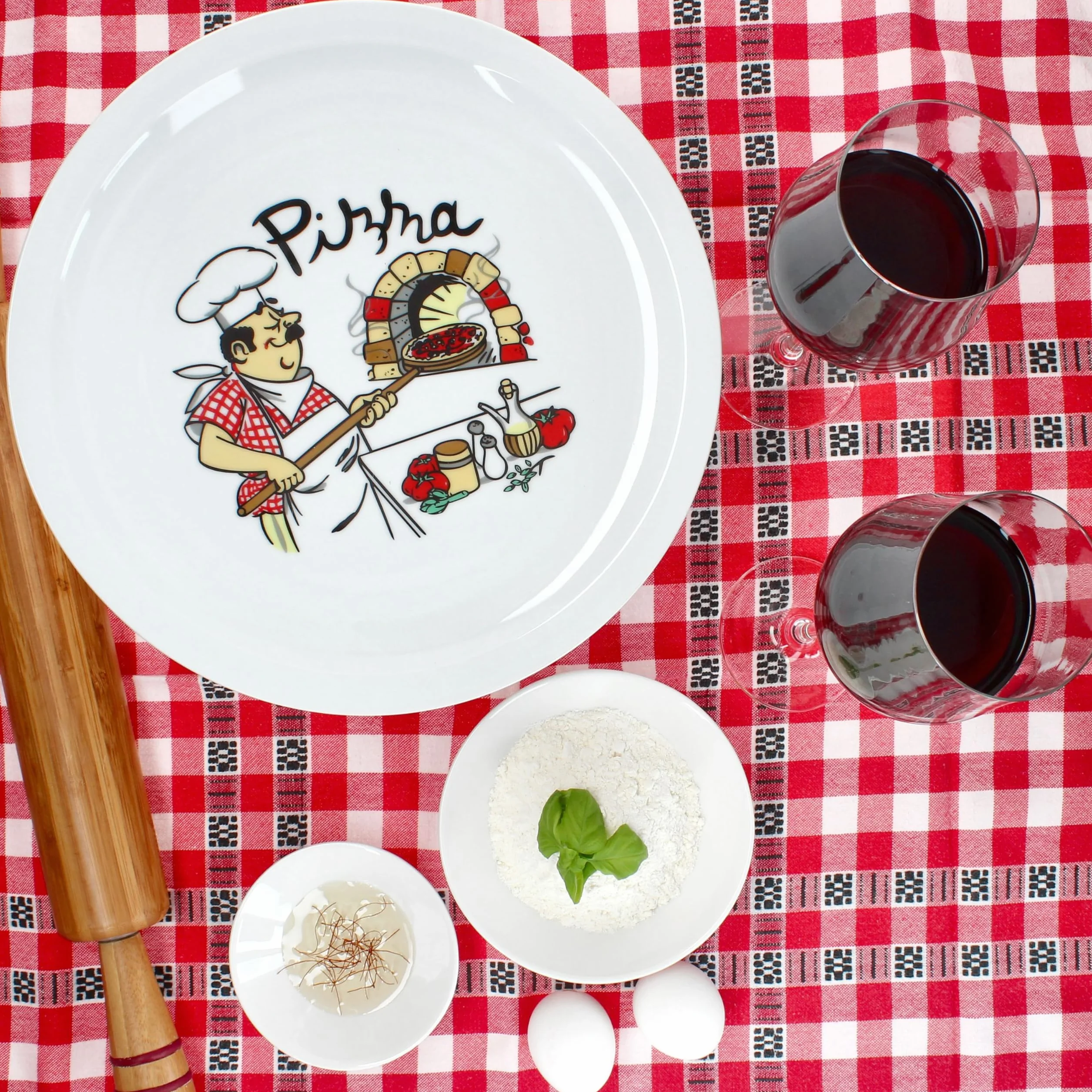 MamboCat Luigi Set di 6 piatti per pizza I Ø 30,5 cm I per 6 persone I Grandi piatti per pizza bianchi in porcellana con motivo da pizzaiolo I Per pizze o per servire I Piatti piani