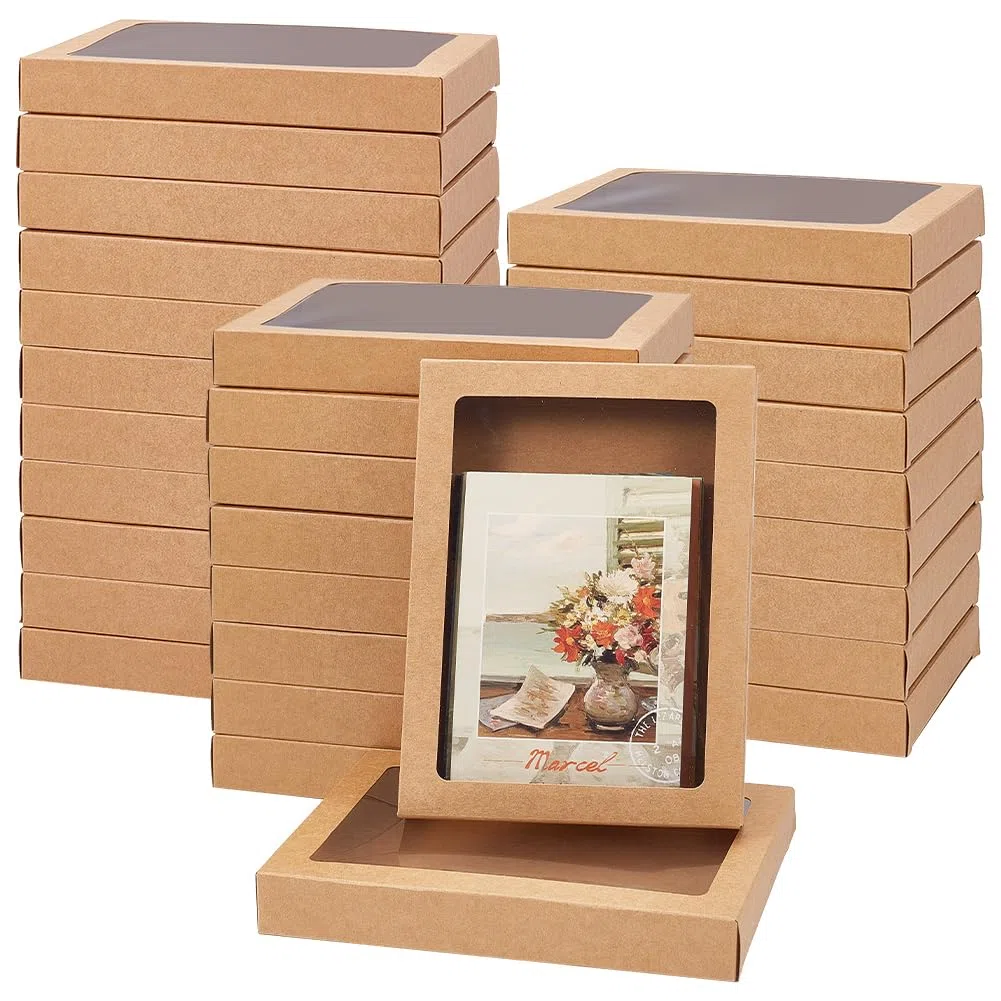 BENECREAT 30 Scatola Portaoggetti per Biglietti D'Auguri, Scatola di Carta Kraft Da 18.7x13.6x2.6cm con Finestra Trasparente per Busta, Cornice Portafoto, Cammello