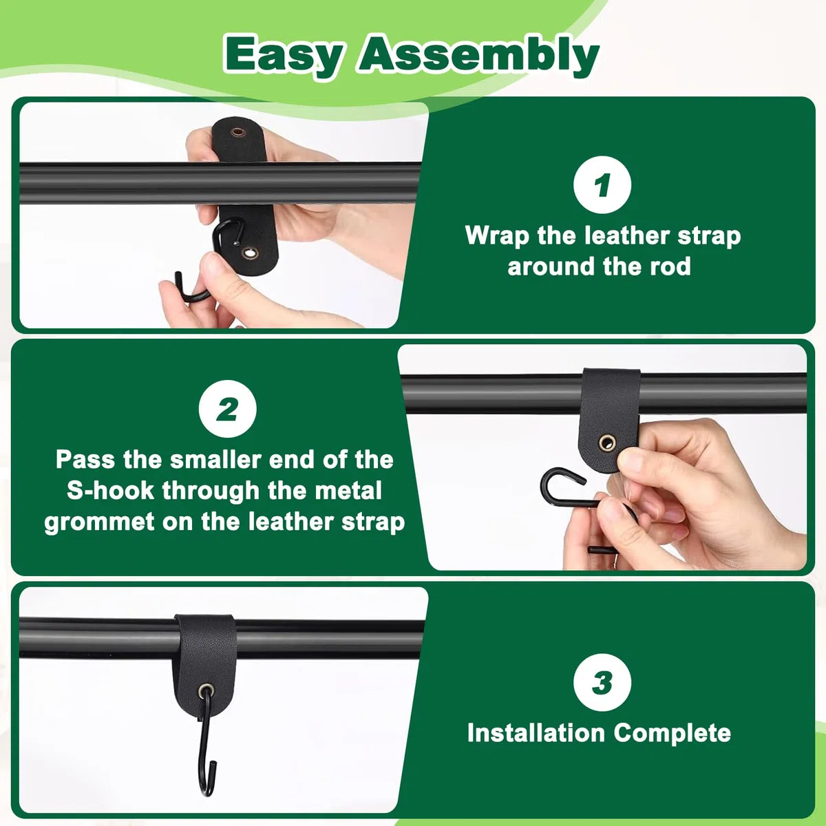 15Pcs Ganci a S con Striscia Pelle, Gancio Appendiabiti Campeggio Acciaio Inox Nero, Ganci Cappotti Passeggino Gancetti Cucina Metallo Multifunzionali per Appendere Vestiti Asciugamani Armadio Tazze