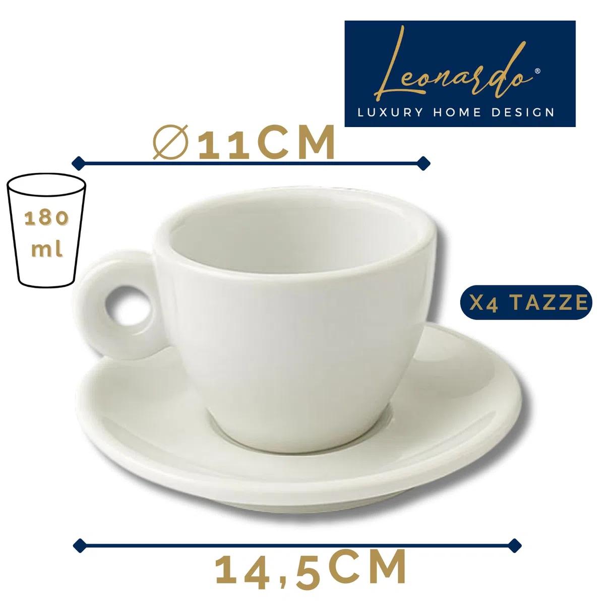 Set 4 Tazze da The Porcellana Bianca Piattino 180 ml Resistenti Eleganti Lavastoviglie Microonde Cappuccino Caffè Latte Idea Regalo (Non Impilabili)