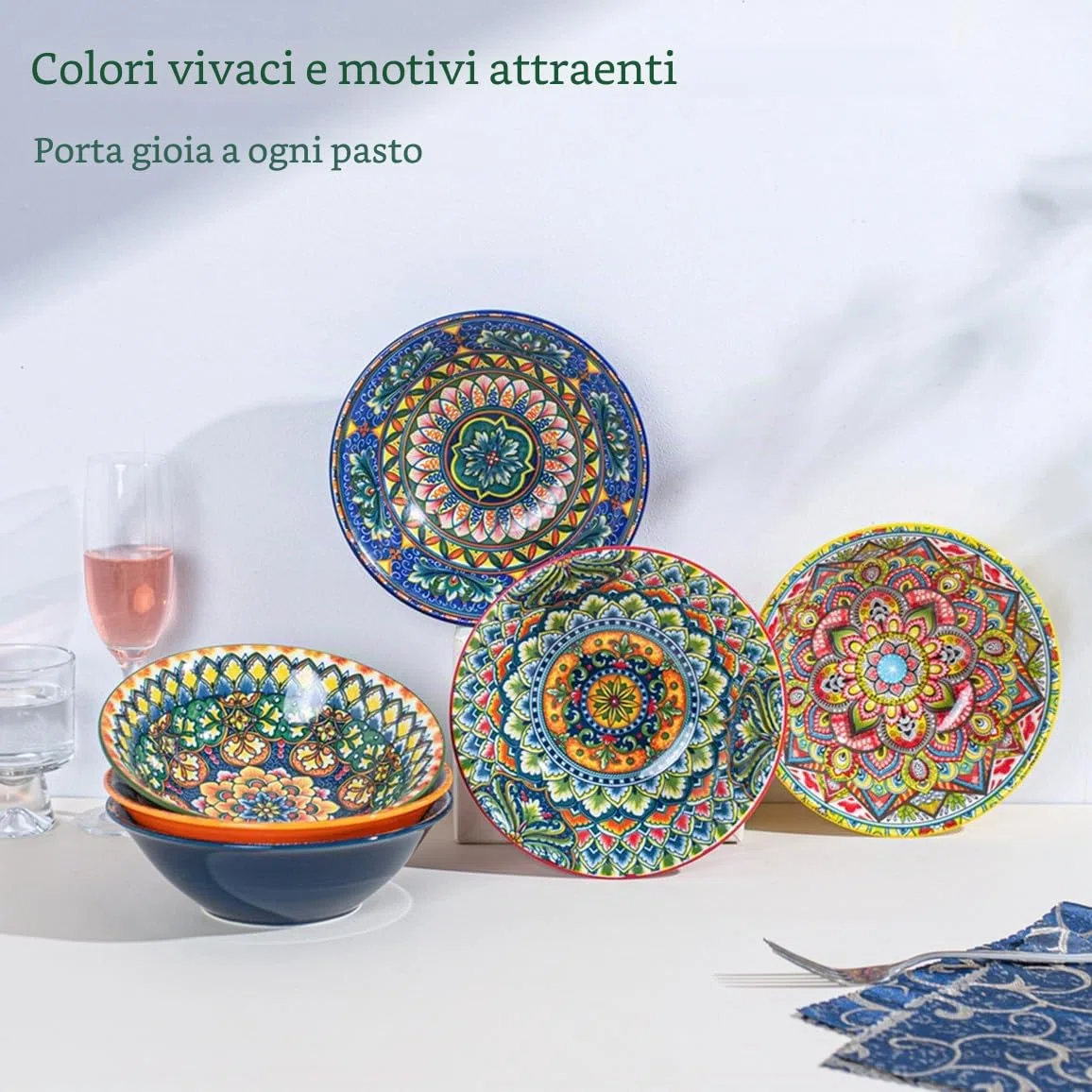 Henten Home Ciotole per Zuppa, Piatti Fondi Colorati in Ceramica - 900ml - Set di 6, Ciotole per Zuppa/Grandi Insalatiere Adatti al Forno a Microonde e Lavastoviglie - Stile Boho