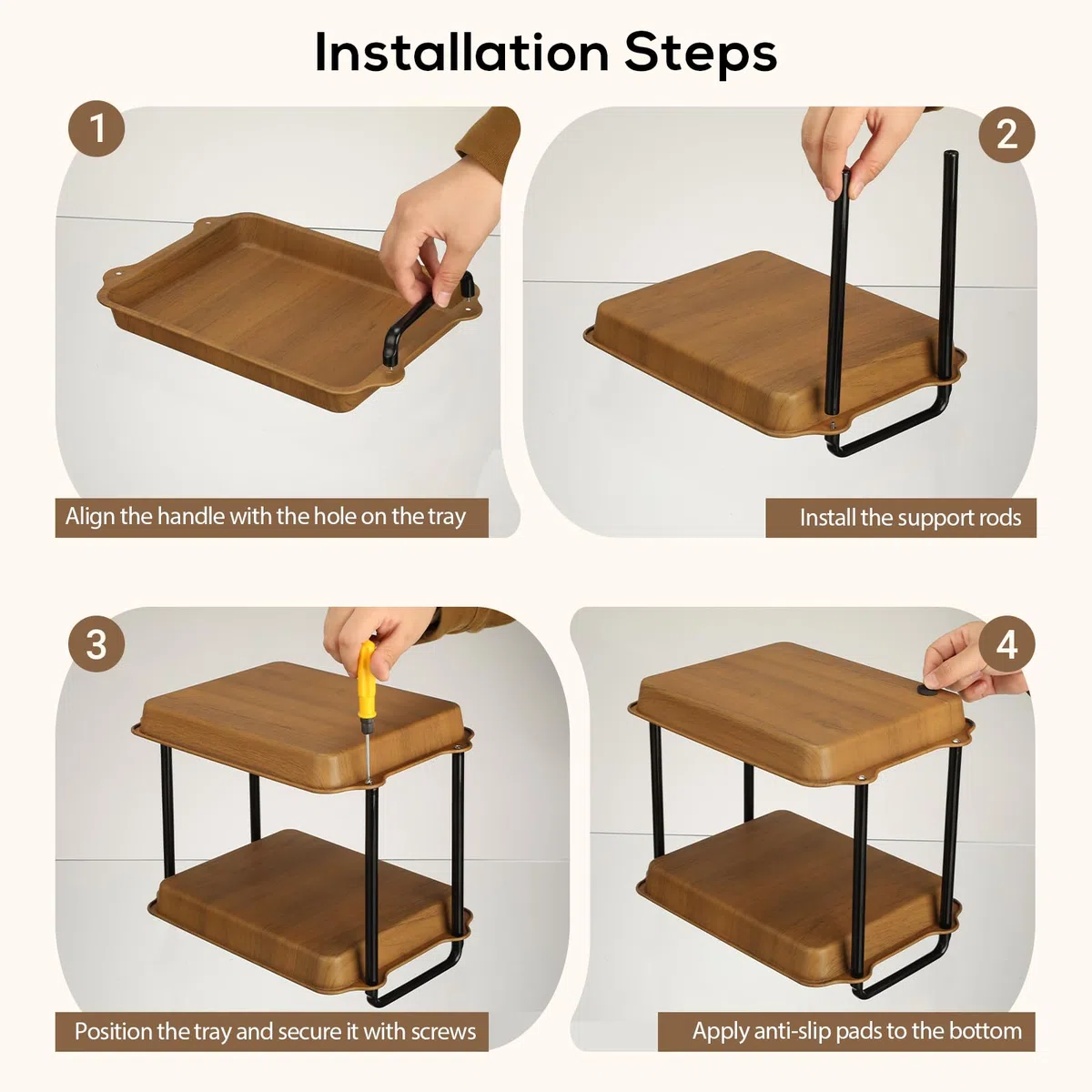 VINATO Scaffale 2 Ripiani, Organizzatore per Cucina in Acciaio al Carbonio con Aspetto Legno, Aste di Supporto Rinforzate, per Piano di Lavoro, Cucina, Bagno, Ufficio