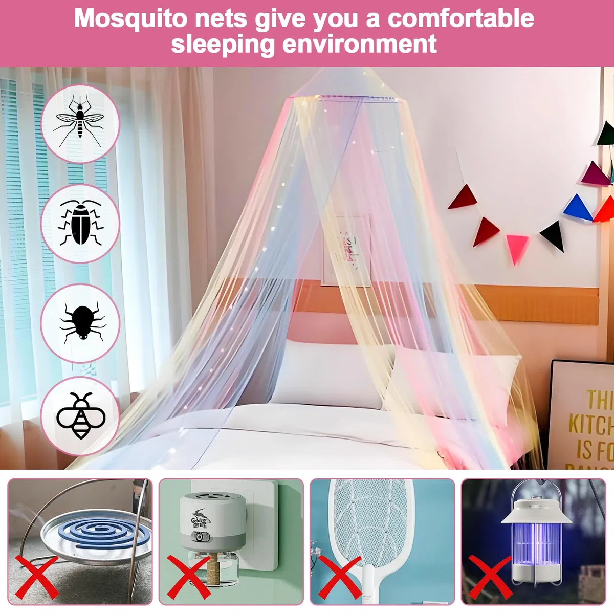Forhome Cielo da letto per bambine, con arcobaleno, (60x250x125), rete da appendere, decorazione stanza, zanzariera viaggi casa