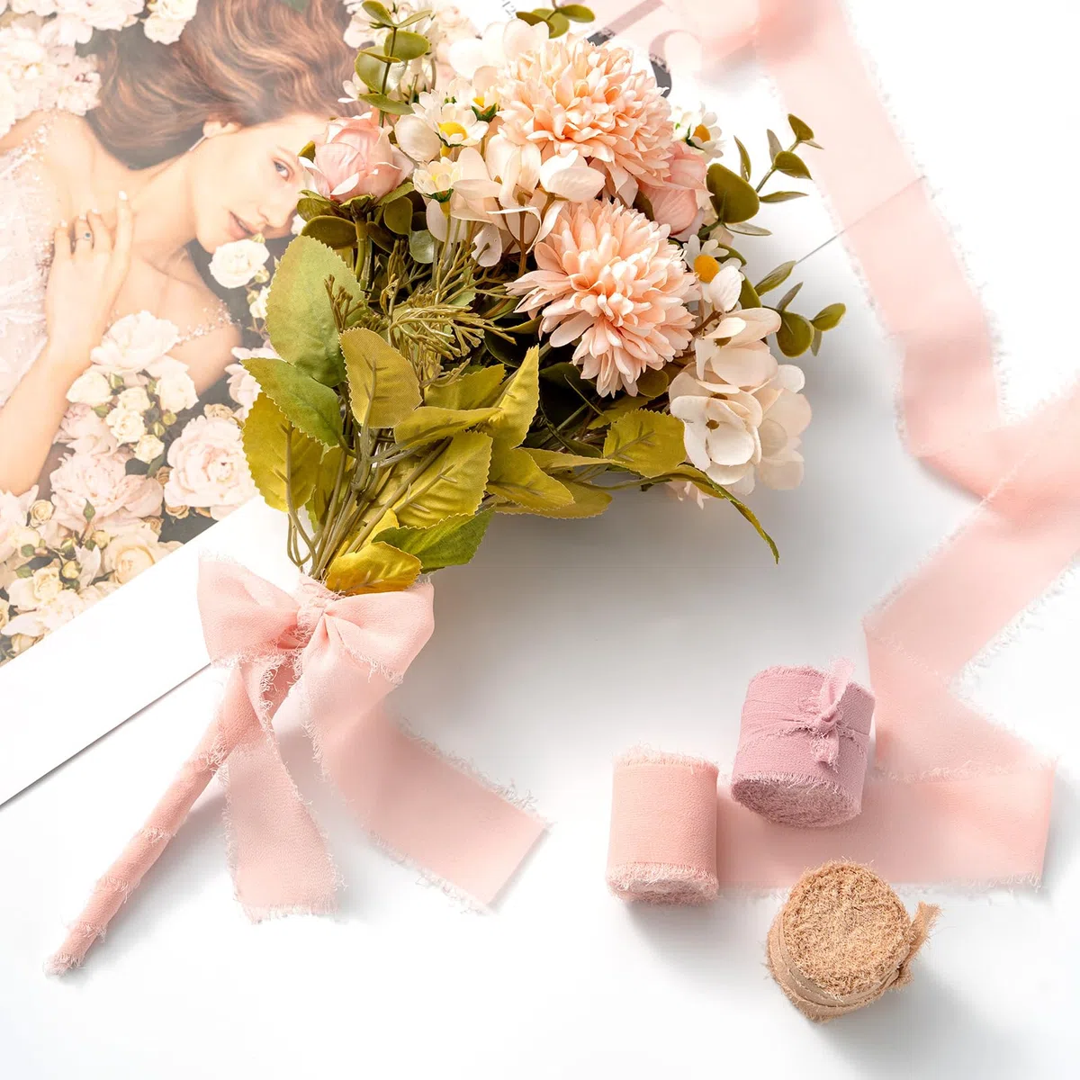 MORSUNBELA Nastro in Chiffon Rosa Antico, Nastro in Chiffon, 3,8 cm, con Frange, 19,2 m