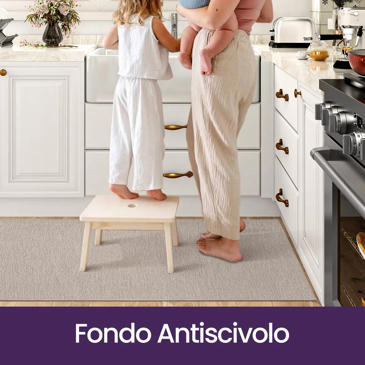 DEXI Tappeto Cucina 43x75cm+43x150cm, Set di 2 Tappeti Cucina Antiscivolo Lavabile, Tappetino Passatoia Assorbente e Antimacchia per Corridoio, Beige