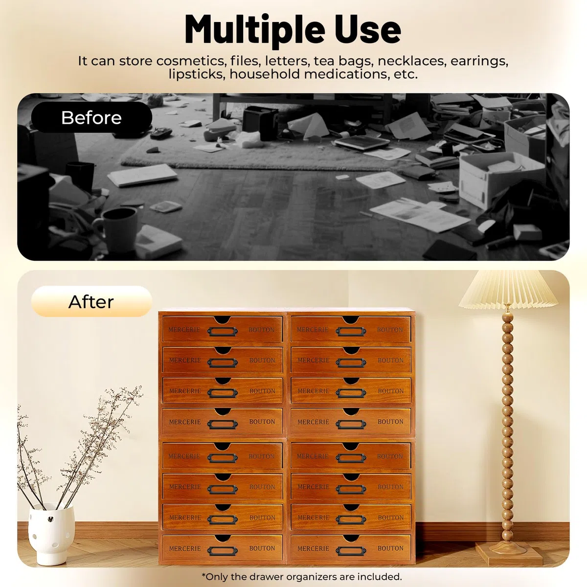 Organizer per cassetti, organizer in legno, set da 4 pezzi, 16 cassetti, contenitore per cassetti, impilabile, salvaspazio, per cosmetici, gioielli, documenti