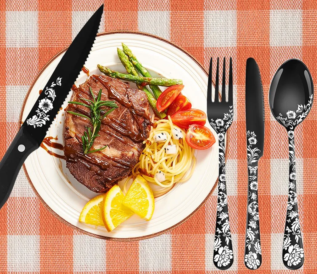XIAOYU Set di posate da 48 pezzi con coltelli da bistecca, set di posate in acciaio inossidabile per 8 persone, set di coltelli forchette cucchiai con laser unico a forma di fiore di peonia