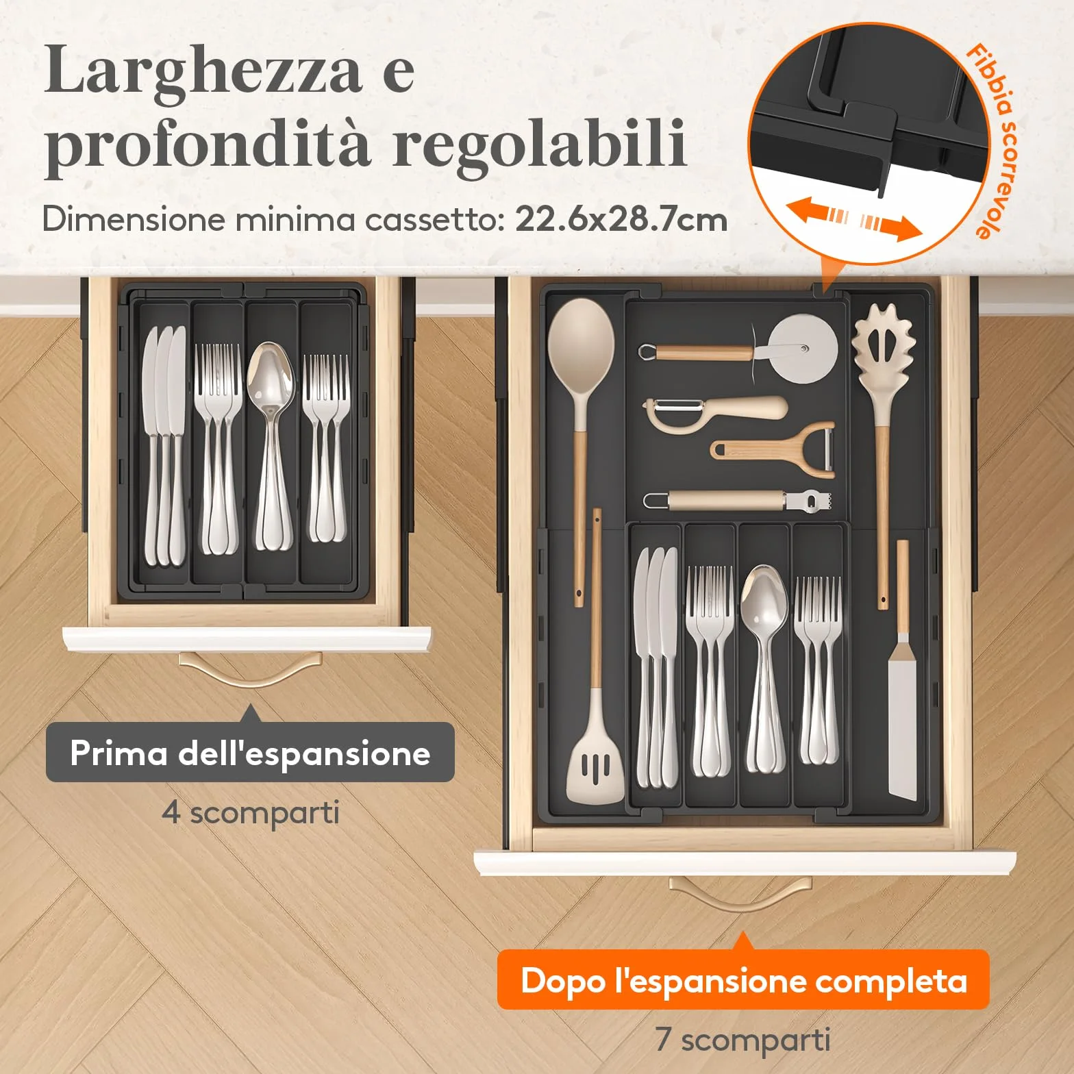 Lifewit Organizer Cassetti Cucina Regolabile, Vassoio Plastica per Utensili e Coltelli, 4-7 Scomparti, Larghezza 22,5-36 cm, Nero