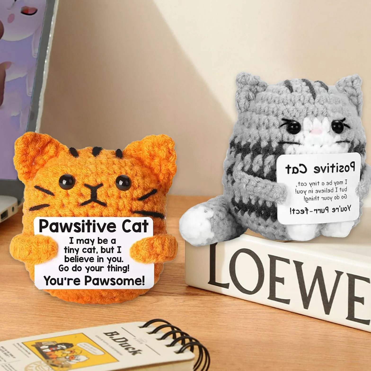Animali di peluche positivi a uncinetto Gatto, 2 pezzi Animale di peluche di supporto emotivo Regalo, Regali positivi Gatto, Regalo incoraggiante, Portafortuna con biglietto di incoraggiamento