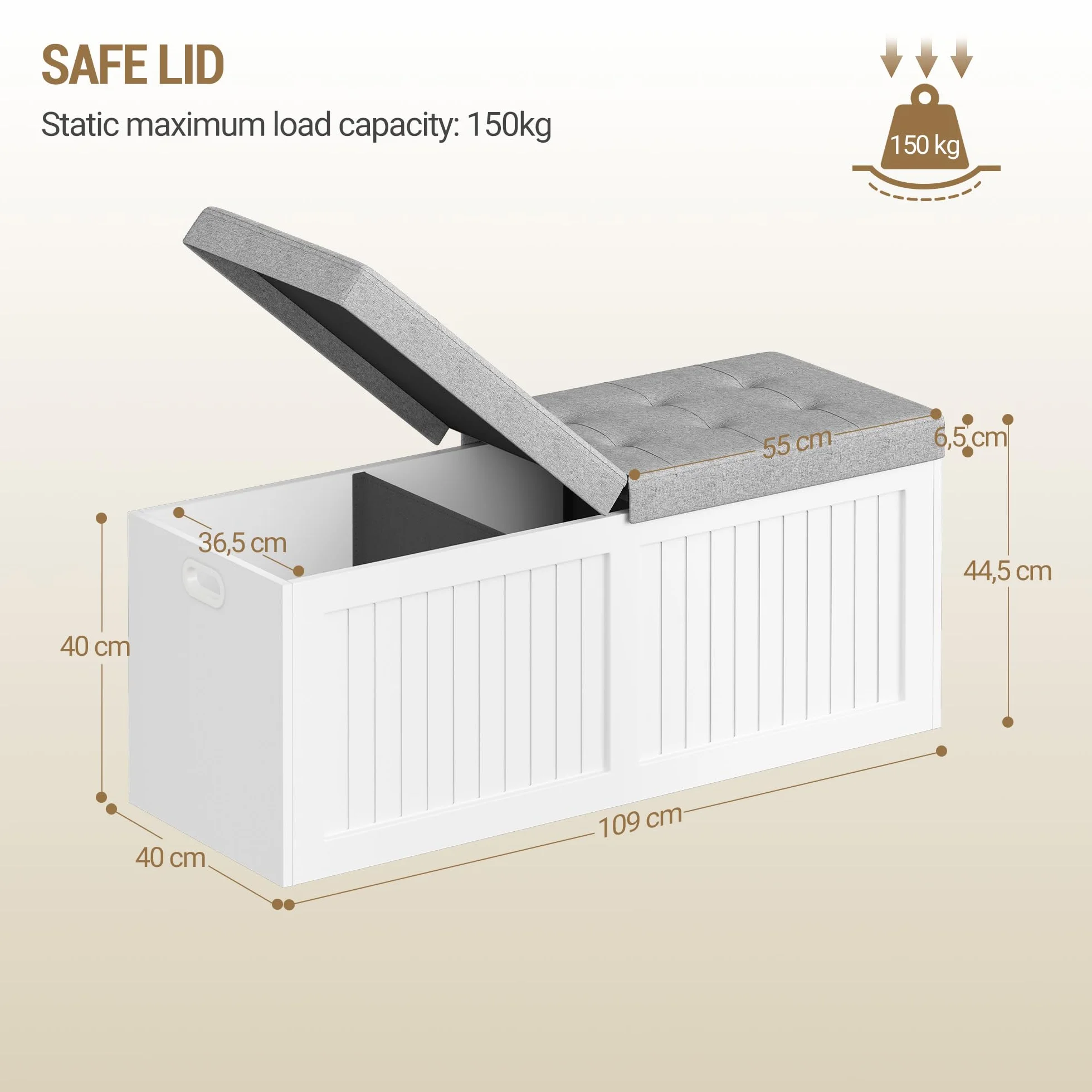 Hzuaneri Cassapanca contenitore da interno, Panca contenitore, Utilizzabile Come Portascarpe, con Cuscino in Lino, Adatta per Soggiorno, Ingresso e Atrio, 40 x 109 x 44,5cm, Bianco-Grigio SB01903GY