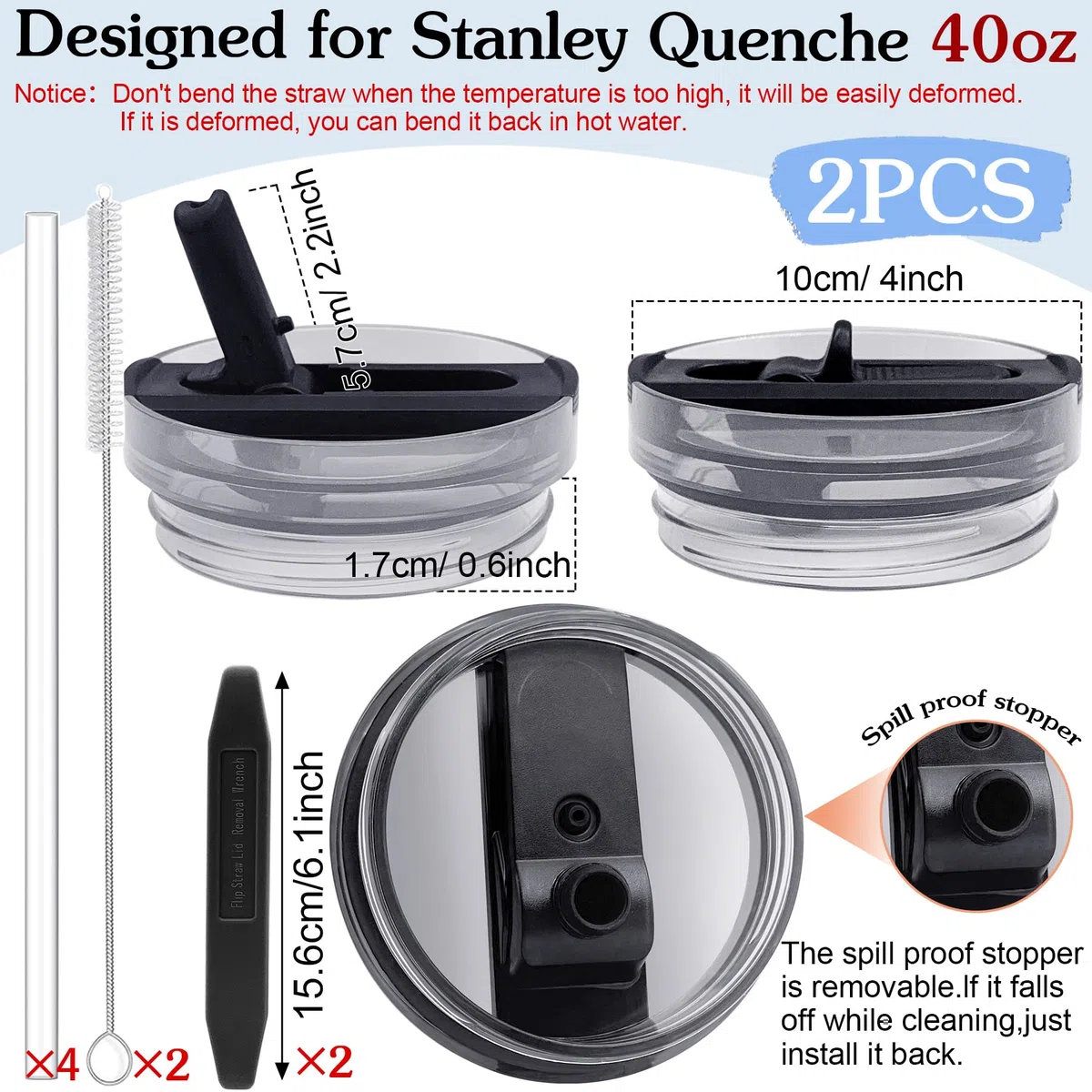 TZEKING Rimovibile Coperchio per tazza Stanley,2 Coperchi di Ricambio Riutilizzabili per Bicchieri da 40oz,Compatibile con Stanley Cup,Coperchio per Tazza Stanley con 2 Cannucce,per Stanley Cup