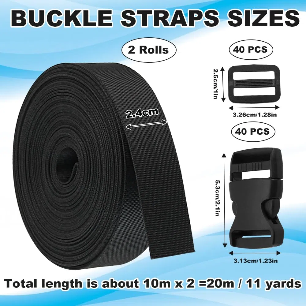 2 Rotoli Cinghia Rigida in Nylon 10M, Fettuccia Nylon, con 20 Paia Fibbie a Scatto Doppie Fibbie per Guinzaglio, Nero Fettuccia Zaino, Fibbie in Plastica Regolabili, per Cinturino Fai da Te