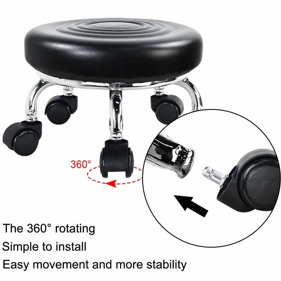 WKWKER moderno sedile a rullo in pelle PU basso rotonda sgabello girevole piccolo sgabello con ruote girevoli universali per home office garage negozio fitness sport, H: 21,3 cm (nero)