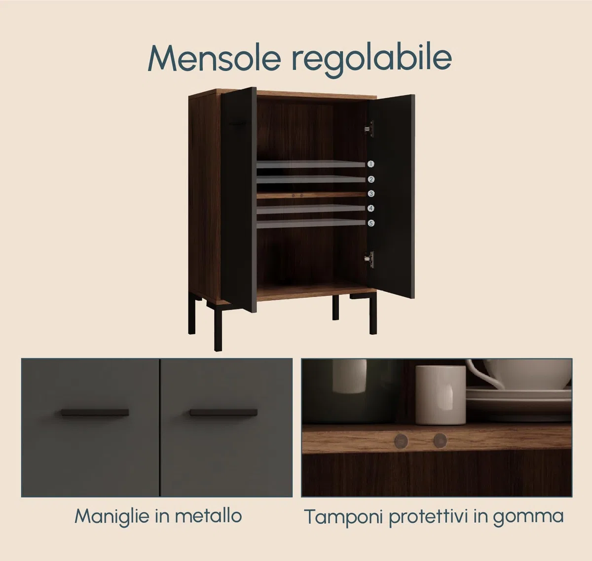 MB Muebles Bonitos, Credenza piccola Lander L15, Stile Moderno, Madia bassa multiuso con 2 ante, Colore Noce e Grigio, 60x84x30cm