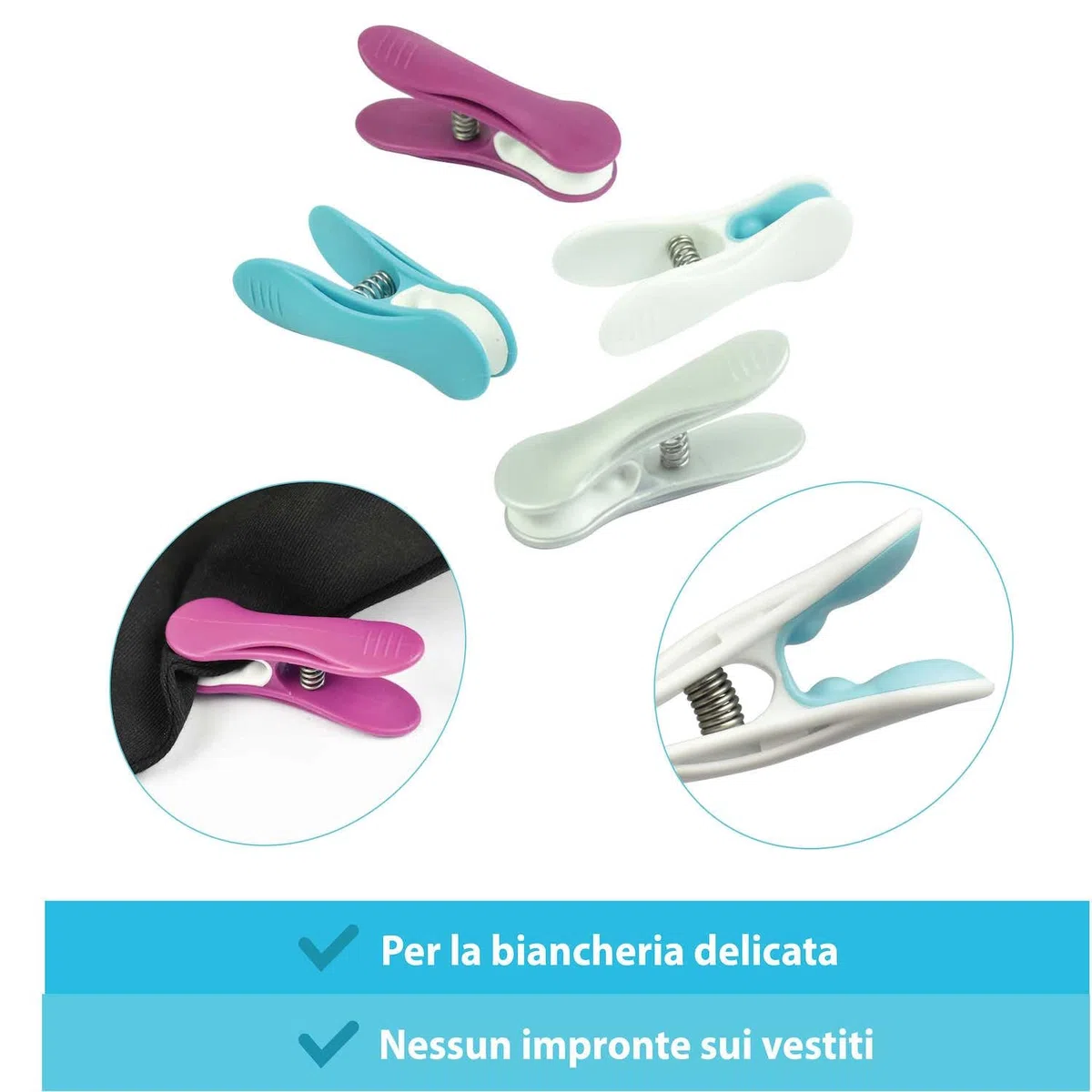 LAGUELLE | 40 Mollette con Clip ANTISCIVOLO | Produzione Francese - Resistenti e Sicure - Colori: Grigio, Bianco, Blu, Viola