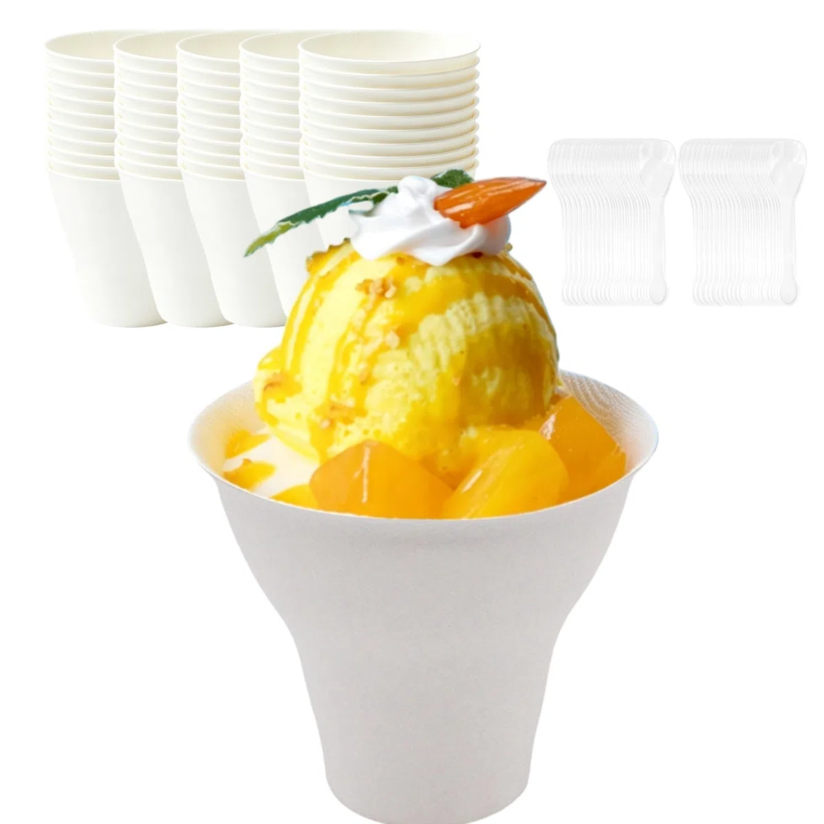 Ciotola di carta bianca per gelato con cucchiaio – Ciotola per feste di compleanno per bambini, ciotola per dessert – Ciotola di carta per gelato (F)