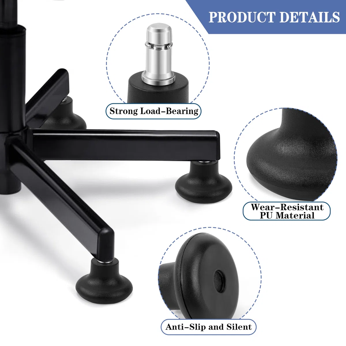 Piedini Fissi per Sedie Girevoli Piedini Rotelle per Sedie Ufficio a Ruote Fisse, 11 mm x 22 mm Sostituzione Base per Gambe della Sedia, Bell Glides Piedini Per Pavimento (Nero, 5 Pezzi)