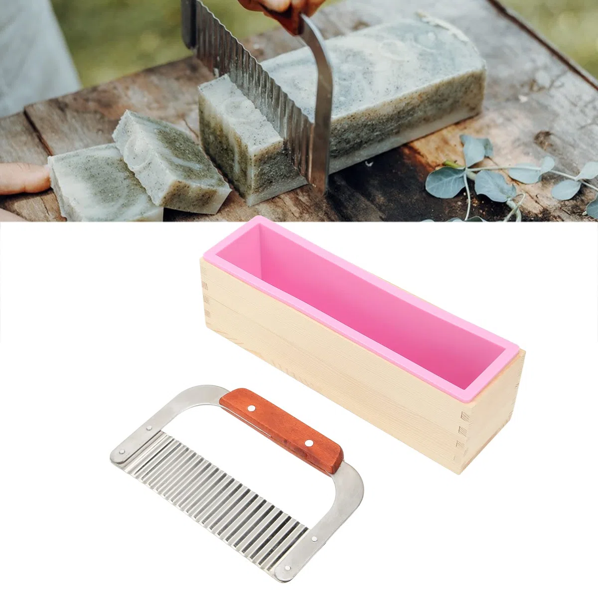 Set di tagliasapone in Legno, Stampo per Tagliasapone in Legno con Stampo in Silicone con Taglierina Ondulata in Acciaio Inossidabile per la Produzione di Sapone Fai da Te